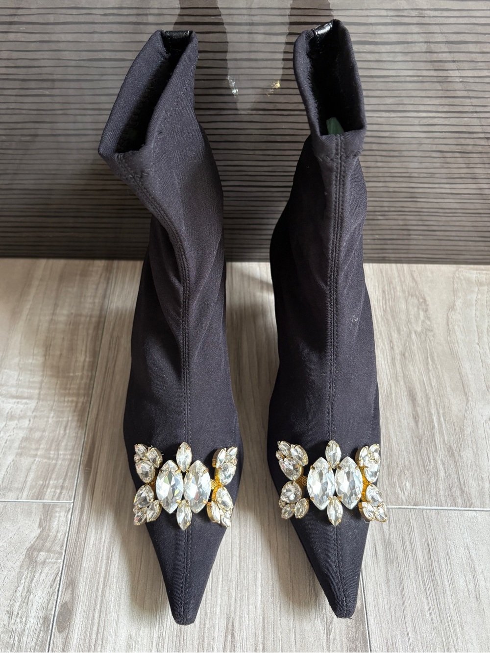 Martinez Valero Black Women's Pointed Toe Embellished Sock ankle Boots